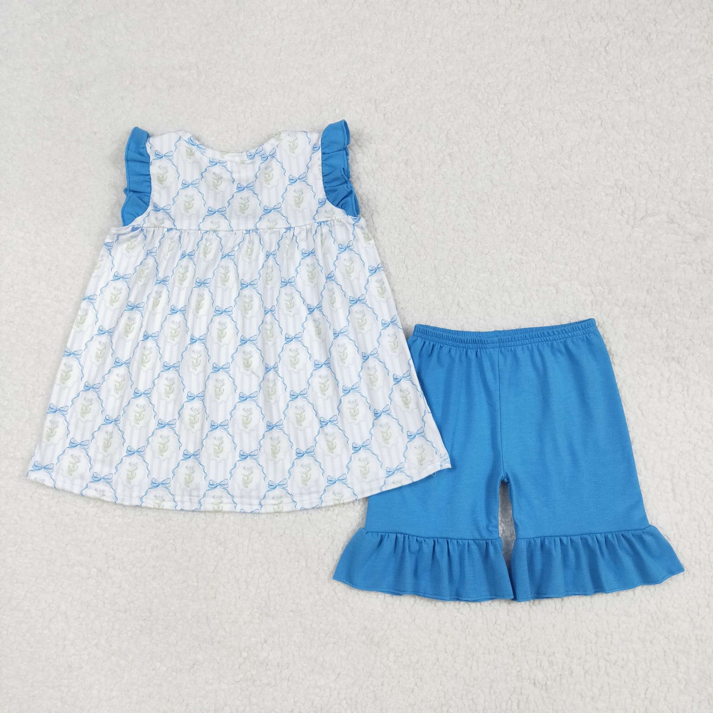 Baby girls blue bow flower summer matching outfit