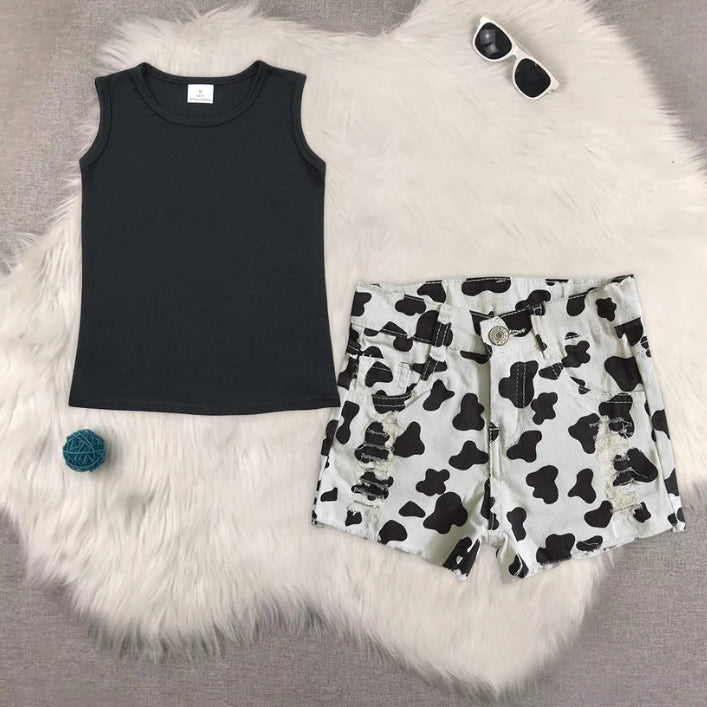 RTS NO MOQ GT0419+SS0027 Girls black sleeveless top denim shorts sets