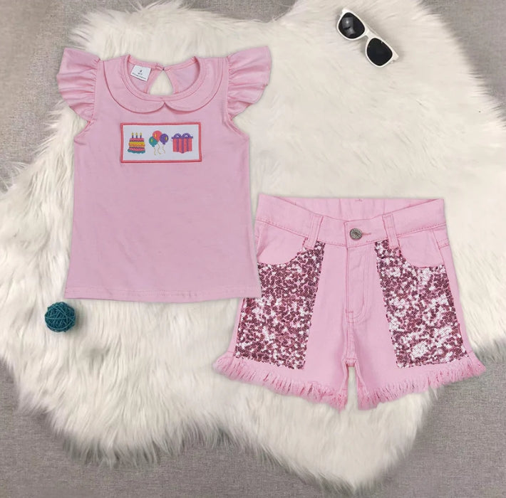 GT0501+SS0230 Girls pink white short-sleeved top sequin denim shorts sets