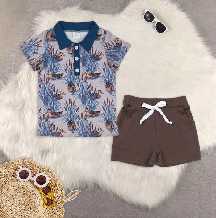 BT0536+SS0134 duck short-sleeved top Brown pocket shorts