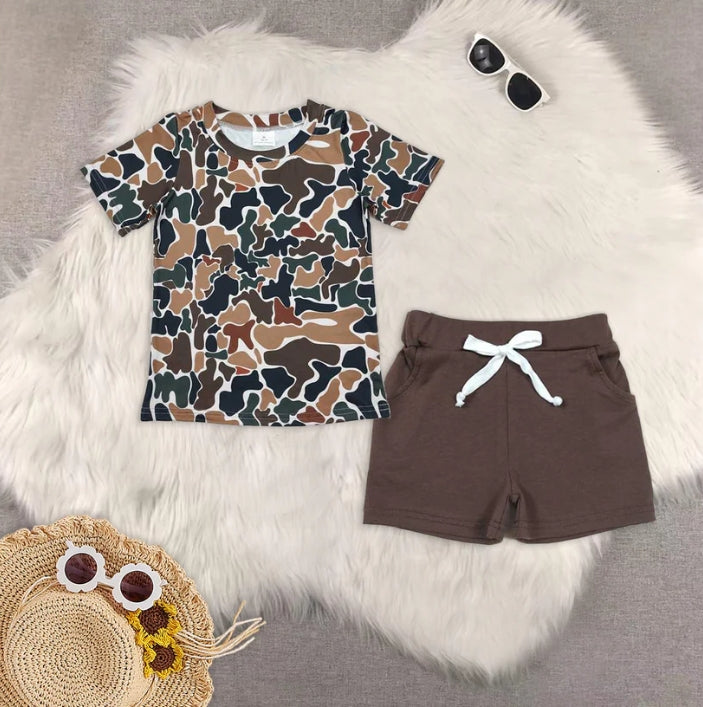 BT0905+SS0134 baby boy clothes camouflage short-sleeved top Brown pocket shorts