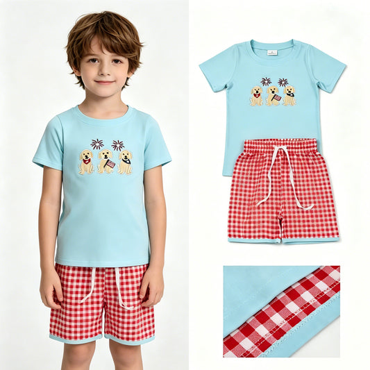 Embroidery America flag dog top matching shorts boy summer outfit