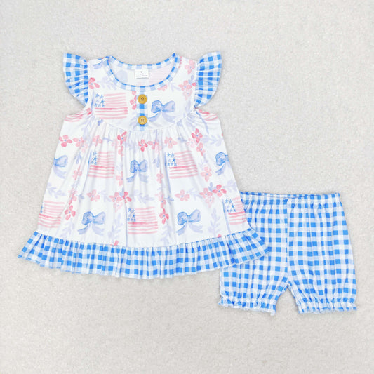 girls floral top blue checkered shorts summer outfit