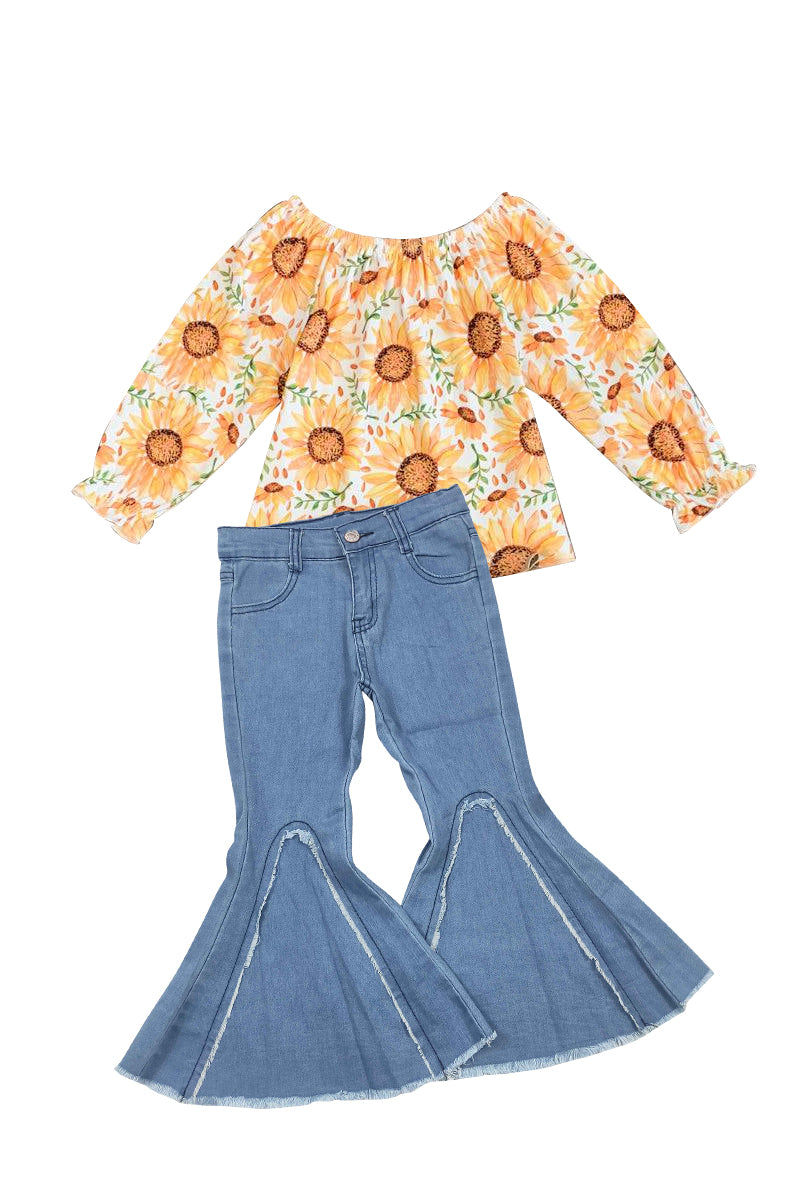 girls long sleeve sunflower top matching jeans pants outfit