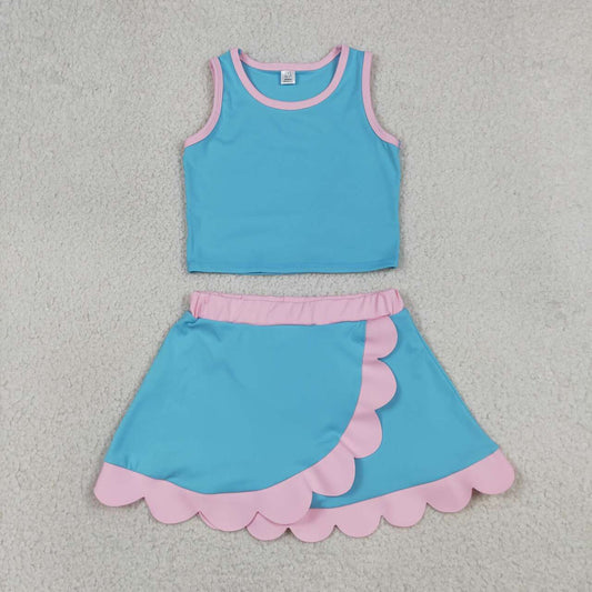 Sky blue yoga top matching skorts girls summer outfit