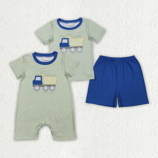 Stripe constructions embroidery top shorts boys outfits