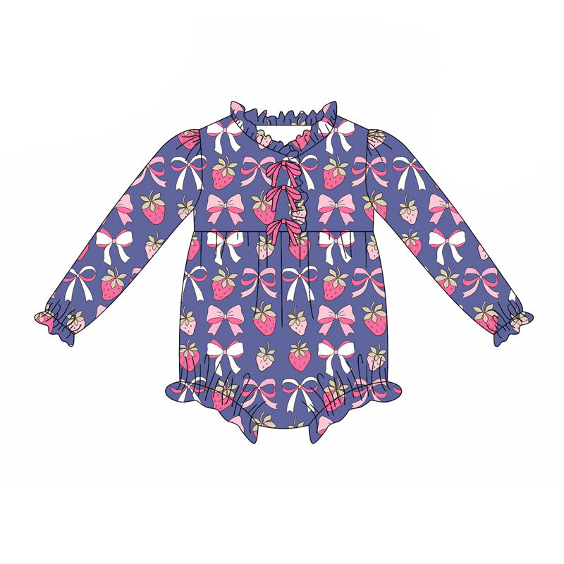 Pink bow strawberry design baby girl summer romper