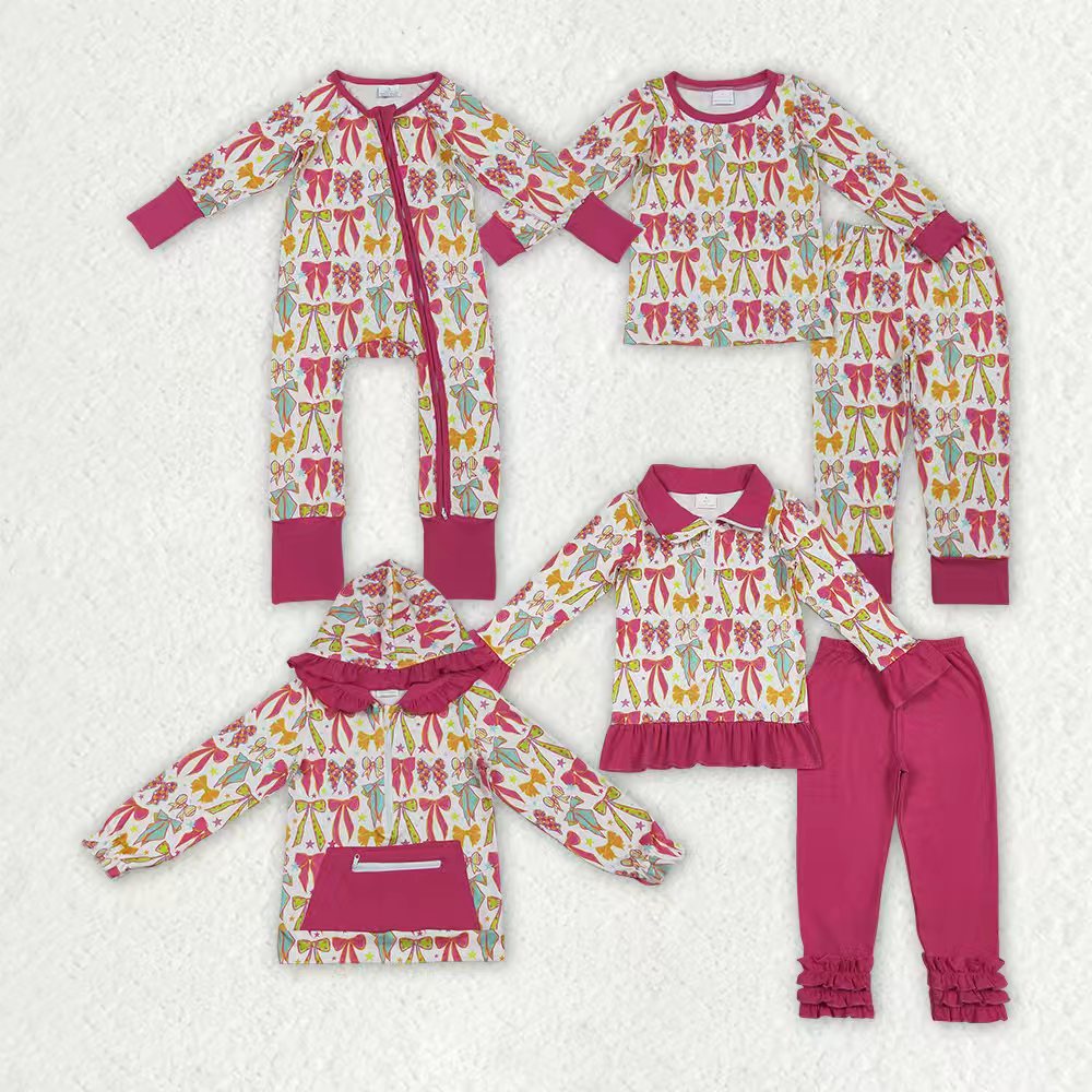 Colorful bows design girls long sleeve matching outfit