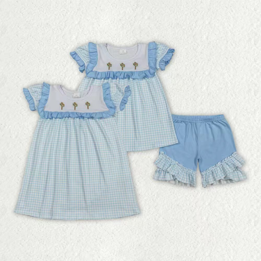 Easter embroidery cross blue plaid kids girls holiday outfit