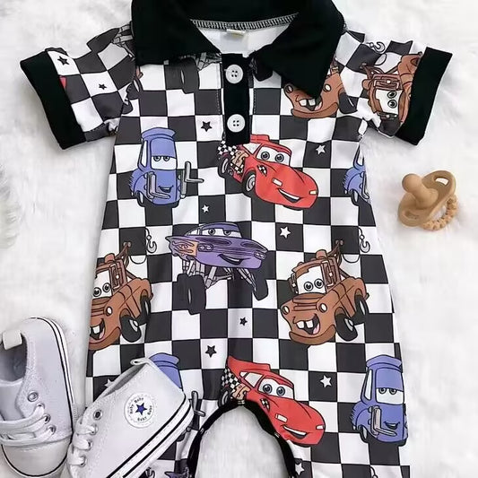 baby boy black checkered cartoon car romper