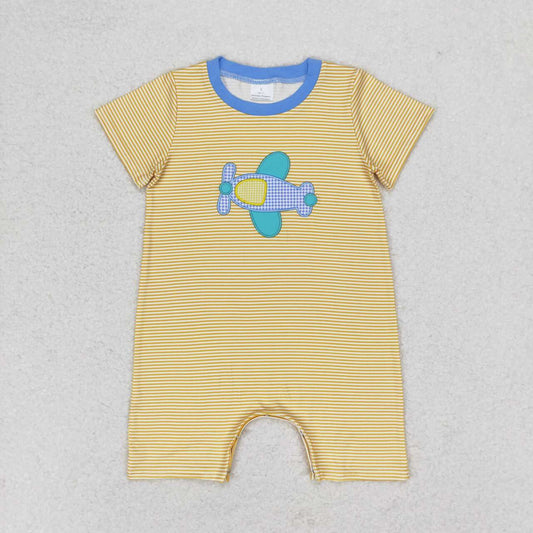 yellow gingham embroidery plane design romper