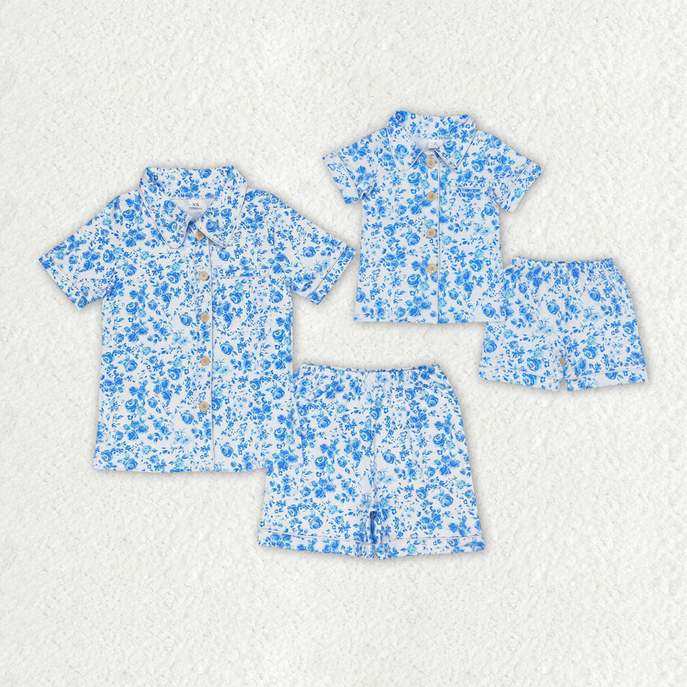 mommy and me blue floral short sleeve pajama set