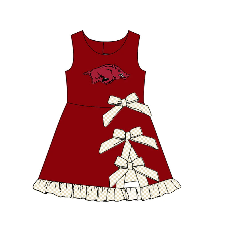 Girls Sleeveless Checked Bow Scallop Edge Ruffle Shorts Liner Knee Length Yoga Dress