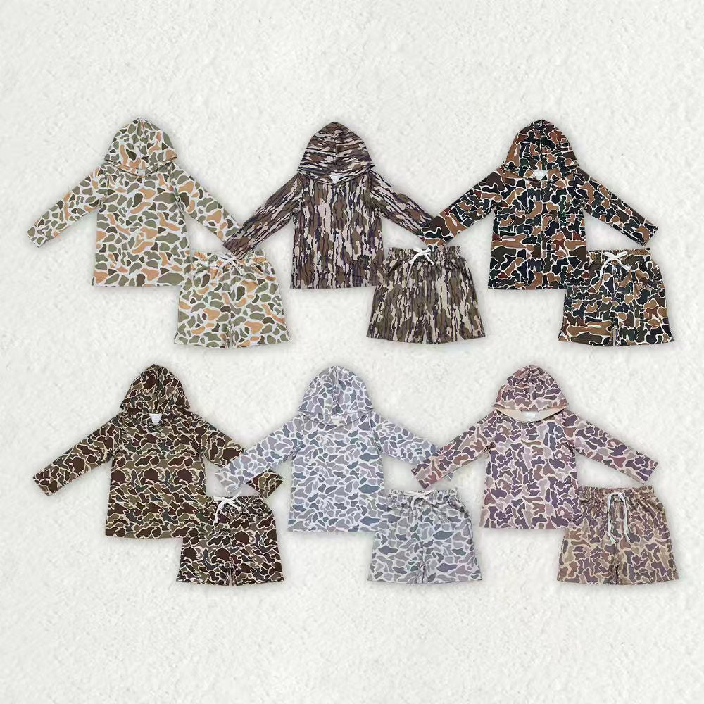 Camo long sleeve hoodie top matching shorts boy summer outfit