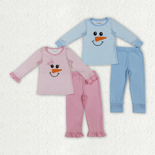 Embroidery Christmas snowman girl long sleeve pajama set clothes