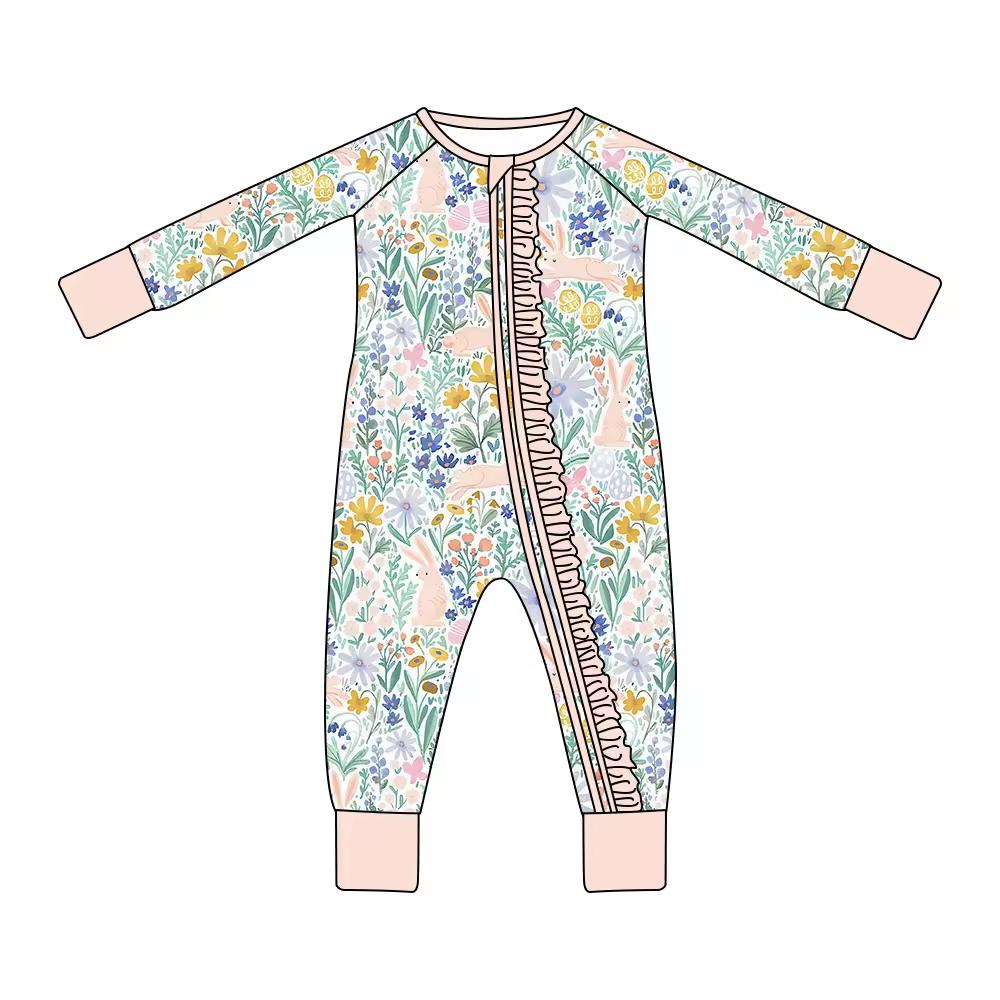infant baby long sleeve rabbite floral zip romper