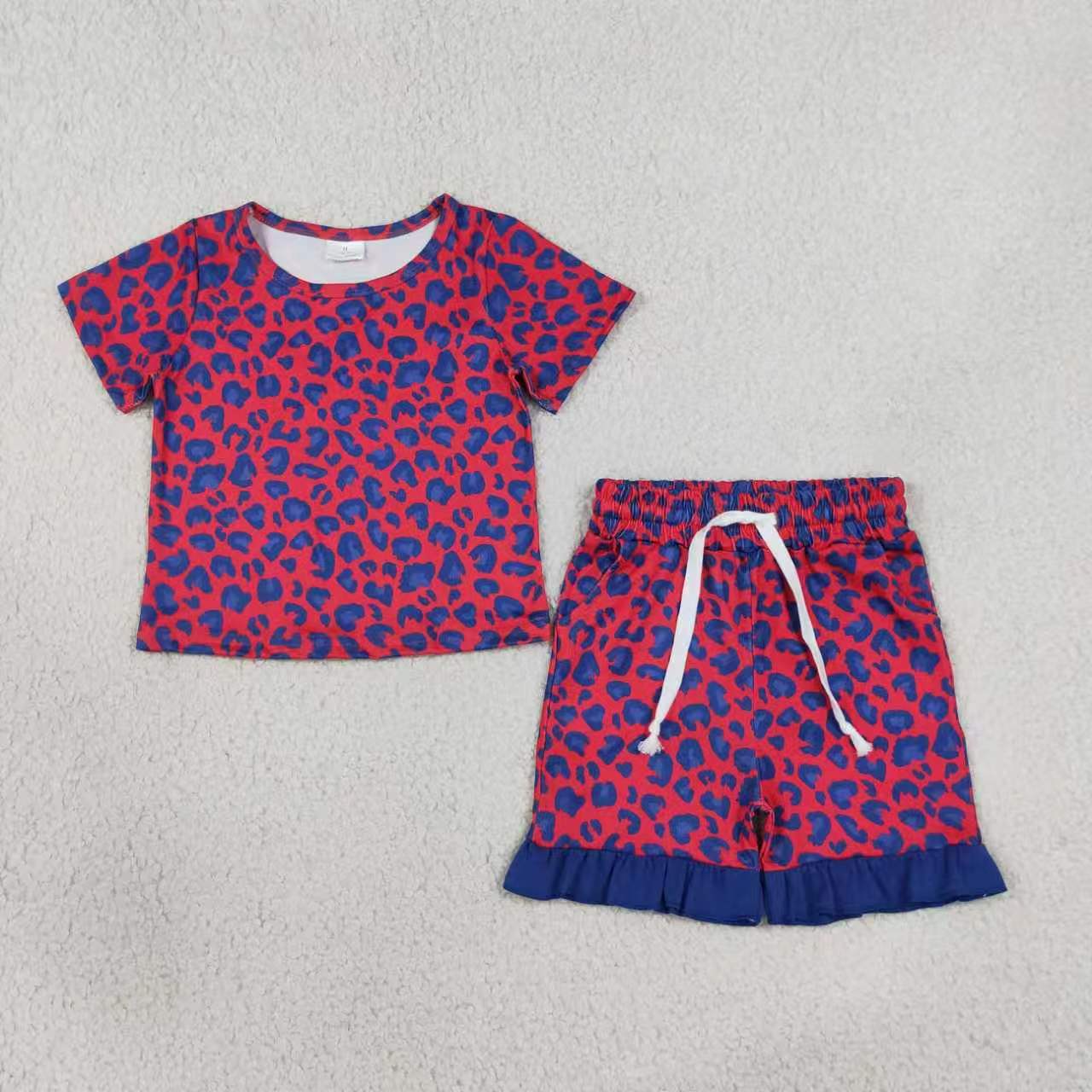 Blue leopard design top matching shorts girls summer outfit