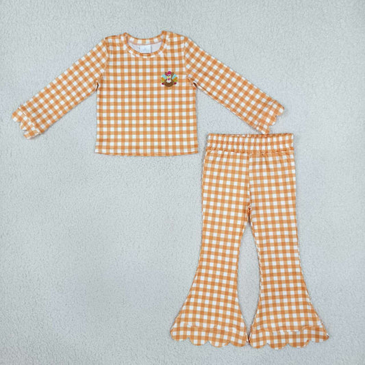 Long sleeve orange plaid thanksgiving turkey embroidery top matching pants girls wholesale factory price outfit