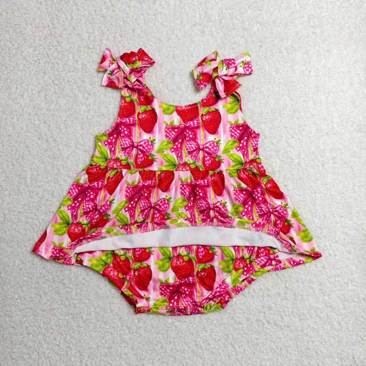 Strawberry print girls summer dress romper best sister wholesale kids clothes