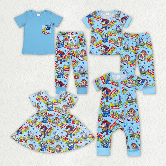 sister brother blue cartoon dog macthing clothing set