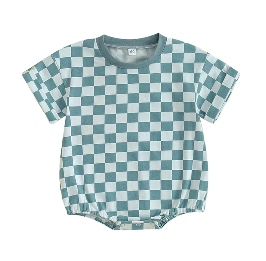 blue checkered short sleeve romper