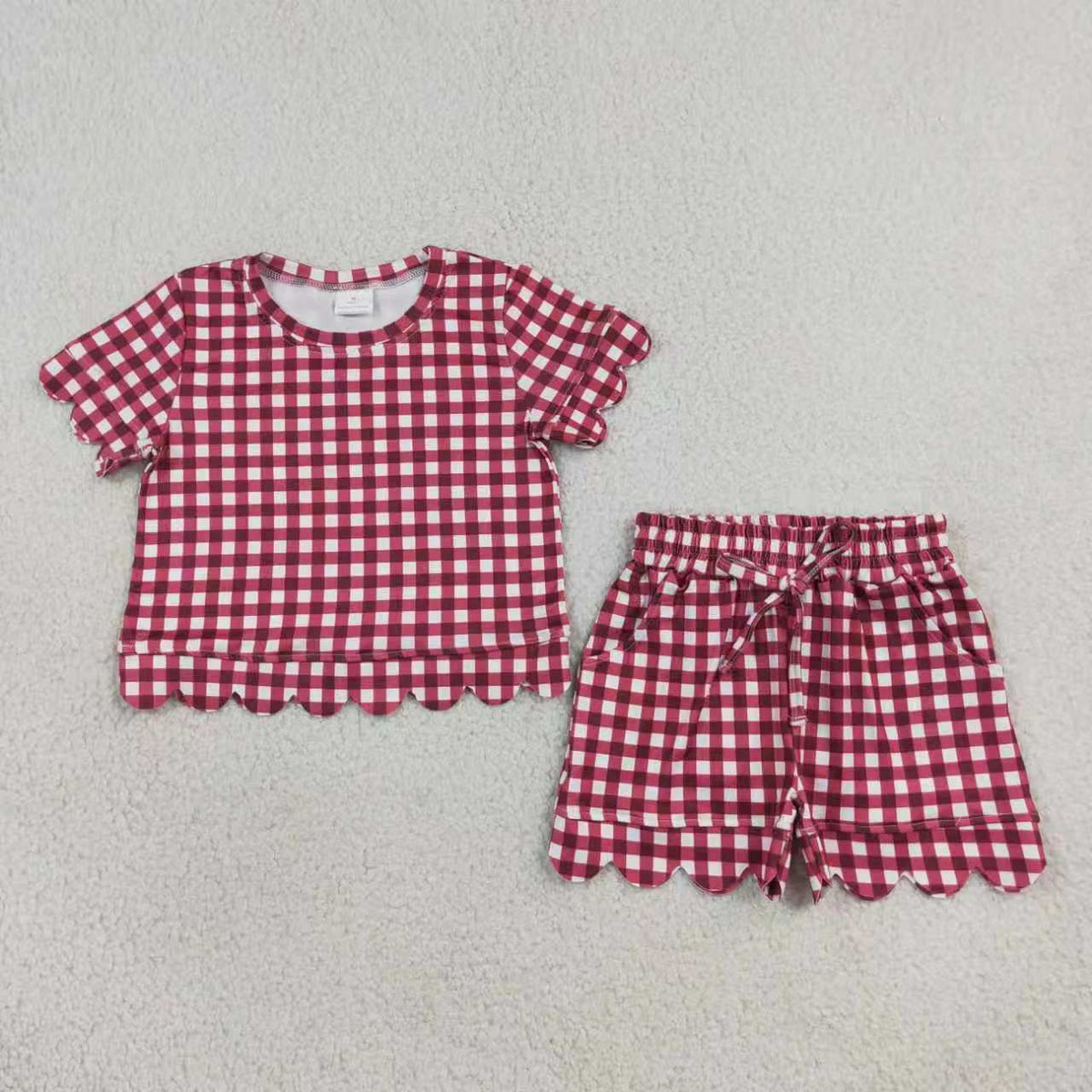 Blue plaid design top matching shorts girls summer outfit