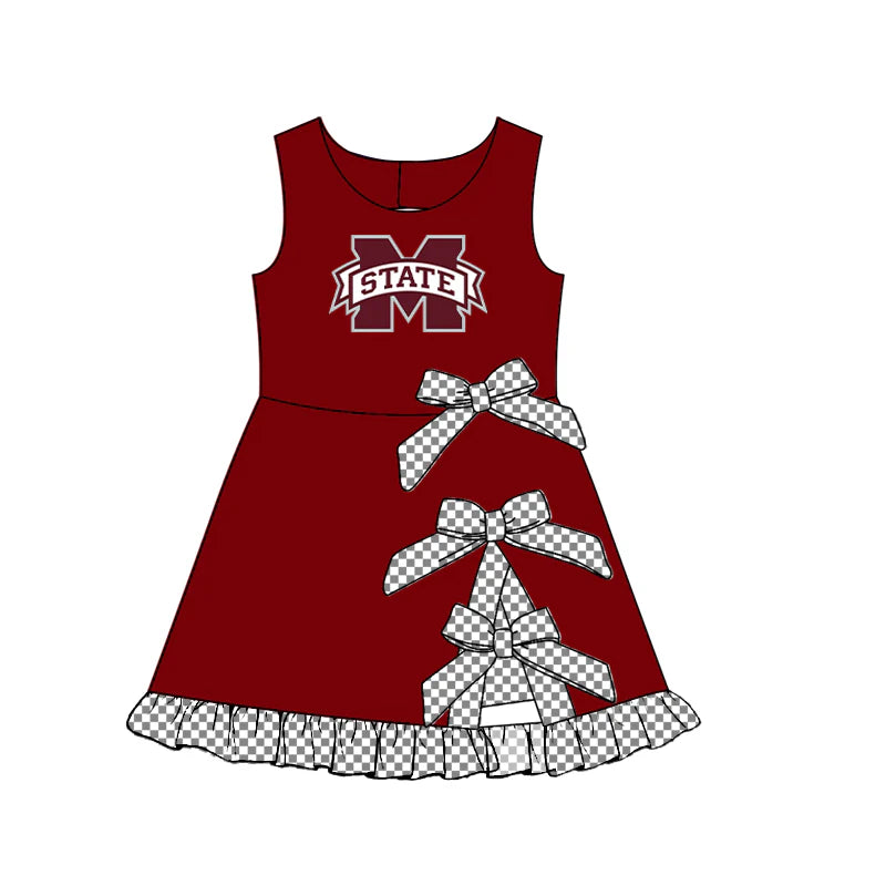 Girls Sleeveless Checked Bow Scallop Edge Ruffle Shorts Liner Knee Length Yoga Dress