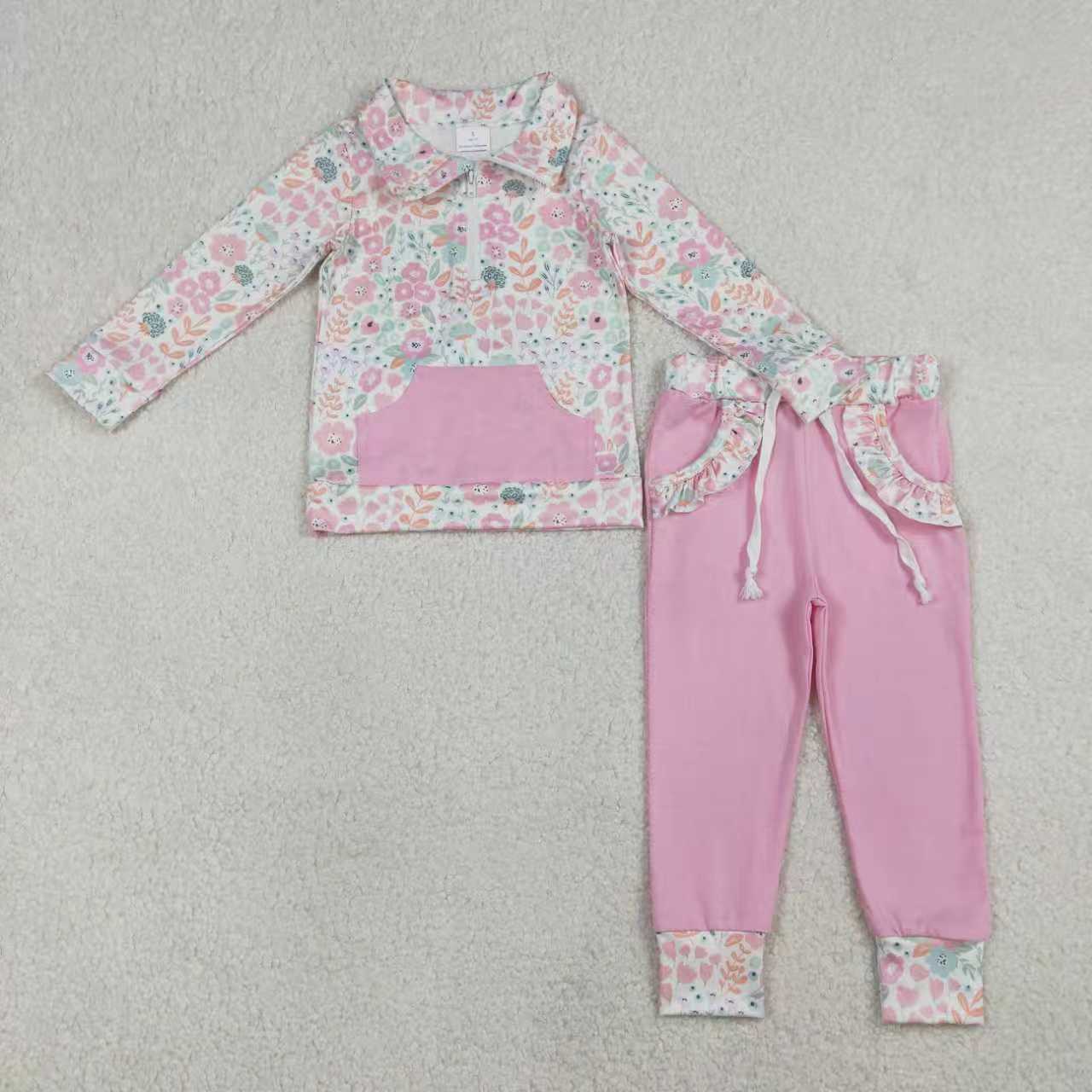 Pink lavender floral design kids girls long sleeve outfit