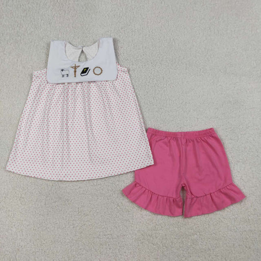 Easter cross embroidery top matching shorts girls summer outfit