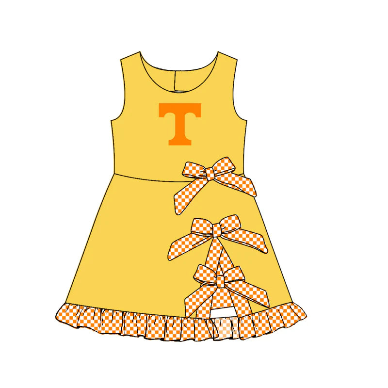 Girls Sleeveless Checked Bow Scallop Edge Ruffle Shorts Liner Knee Length Yoga Dress