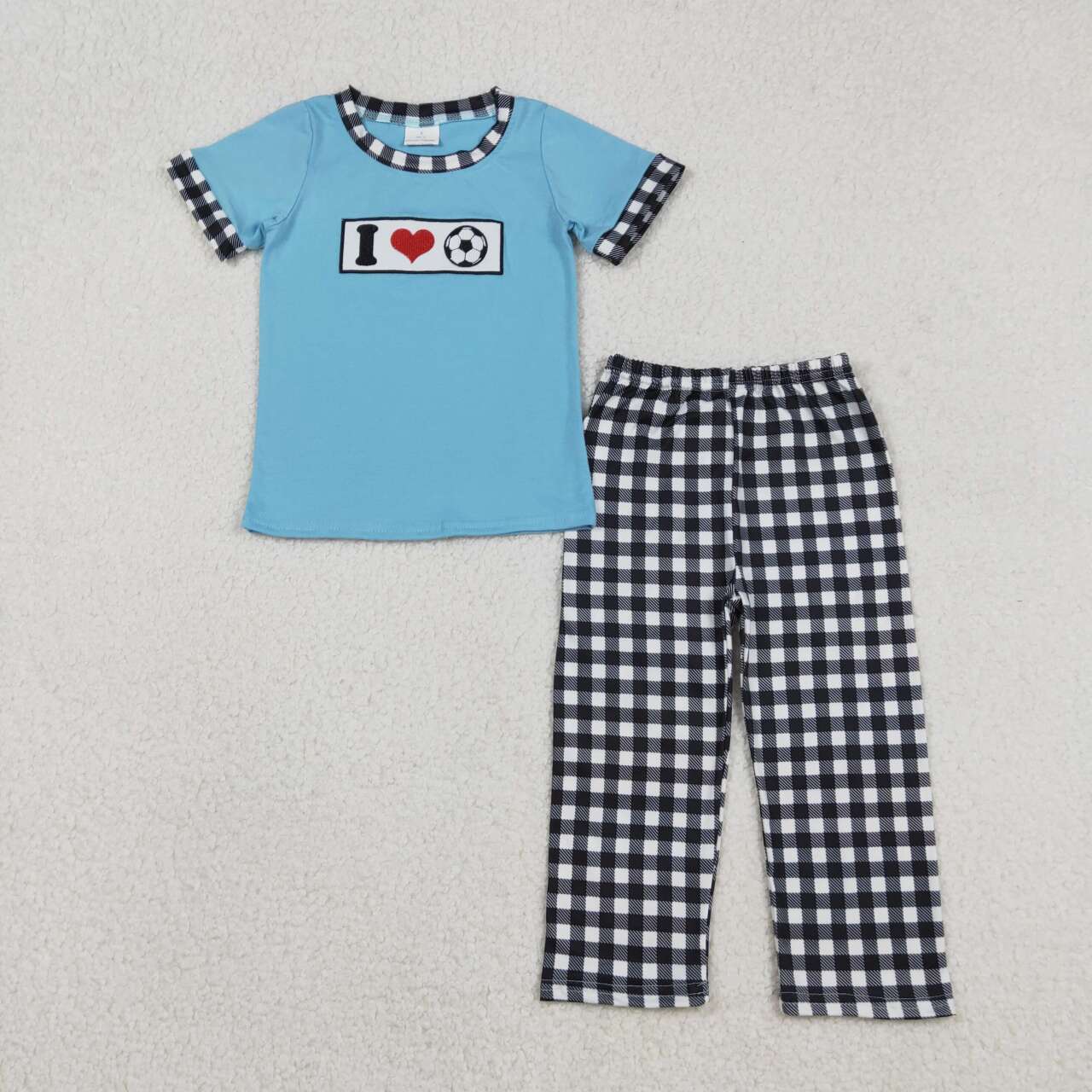 Boy embroidery I love soccer top matching pants outfit