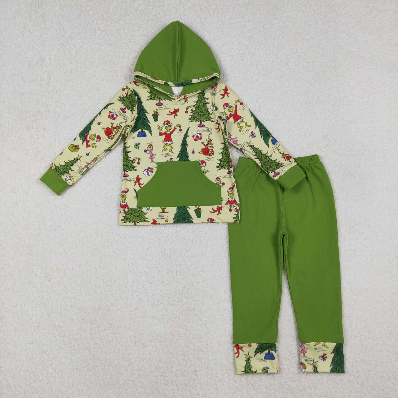 Christmas Tree Green Face kids boy matching hoodie set