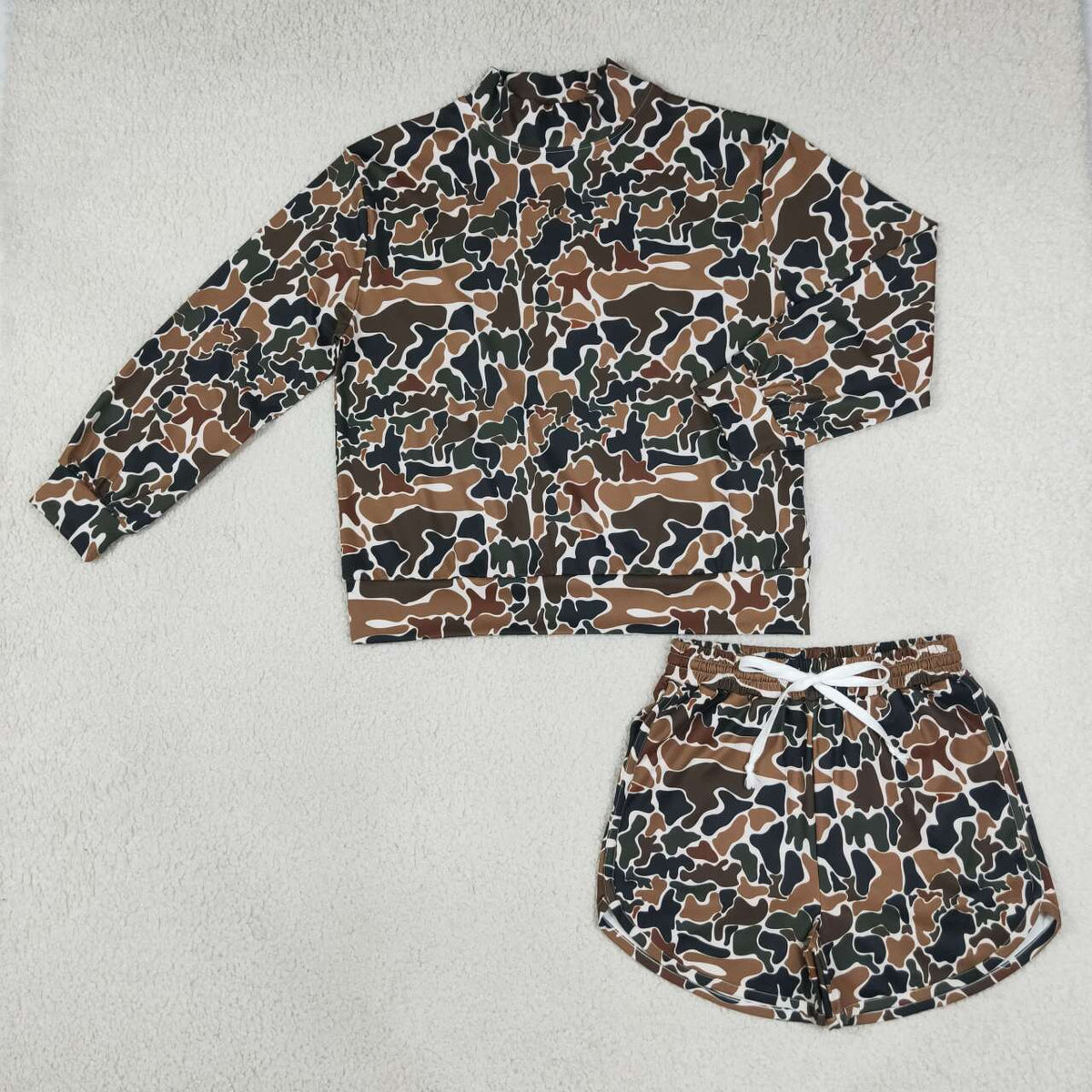 Adult Women brown camo color long sleeve top matching shorts yoga outfit