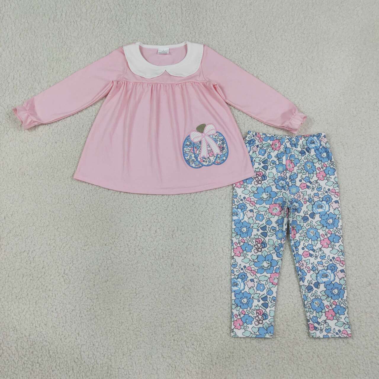Blue floral embroidery pumpkins long sleeve tunic top matching leggings girls outfit