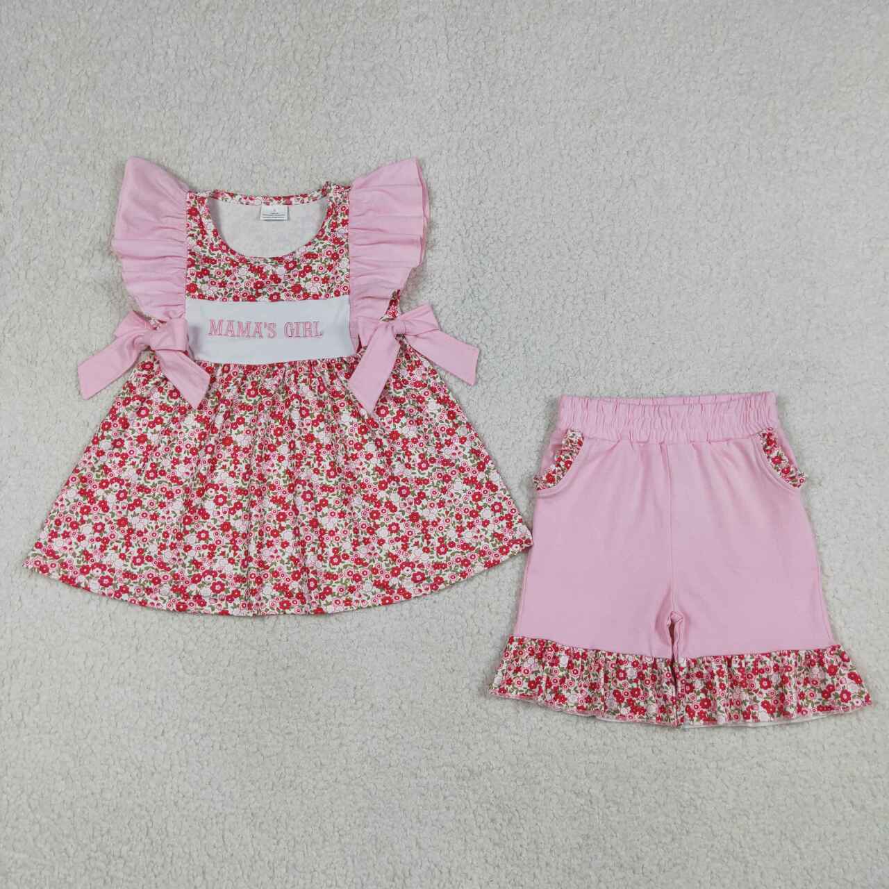 Embroidery Mamas girl flowers top matching shorts girls summer outfit