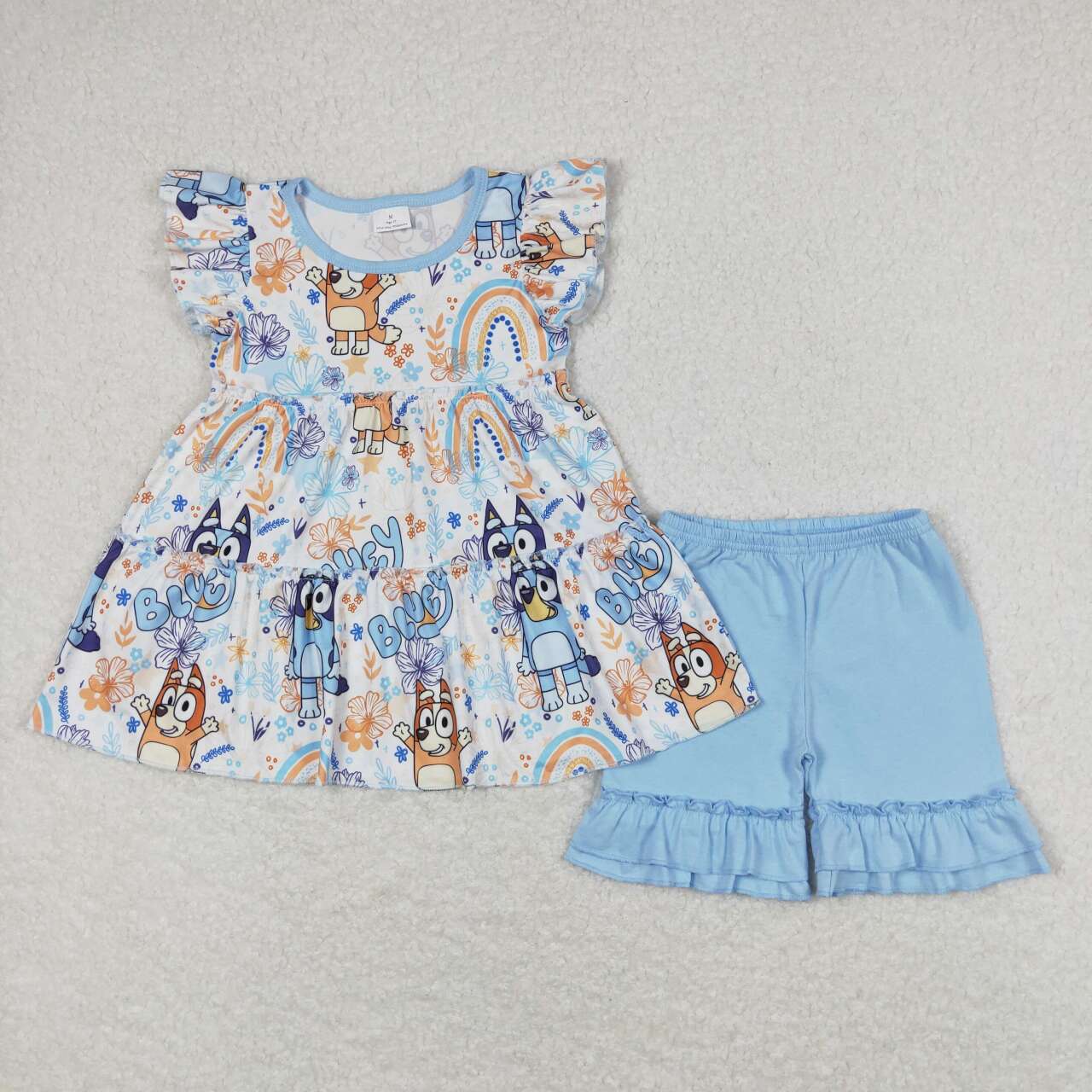 blue cartoon dog shirt ruffle shorts outfit