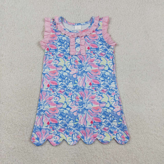 Pink blue flowers design girls summer dress