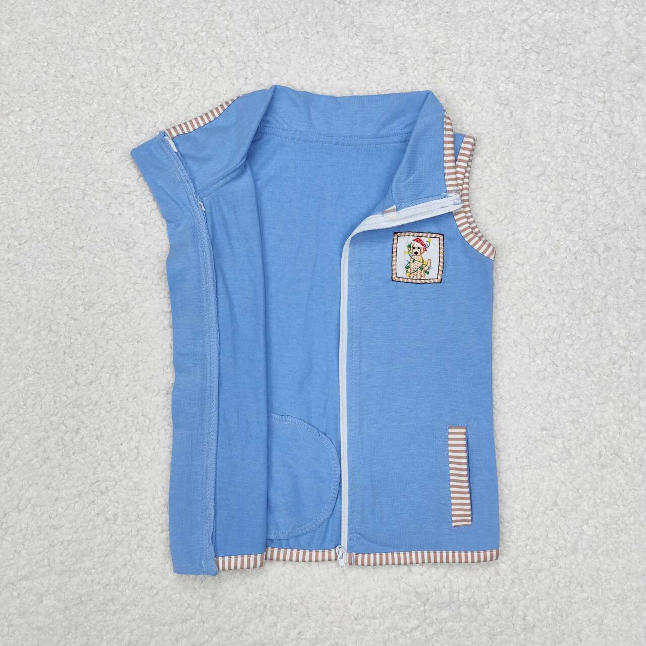 Infant baby boy Christmas embroidery dog light zip up blue vest top