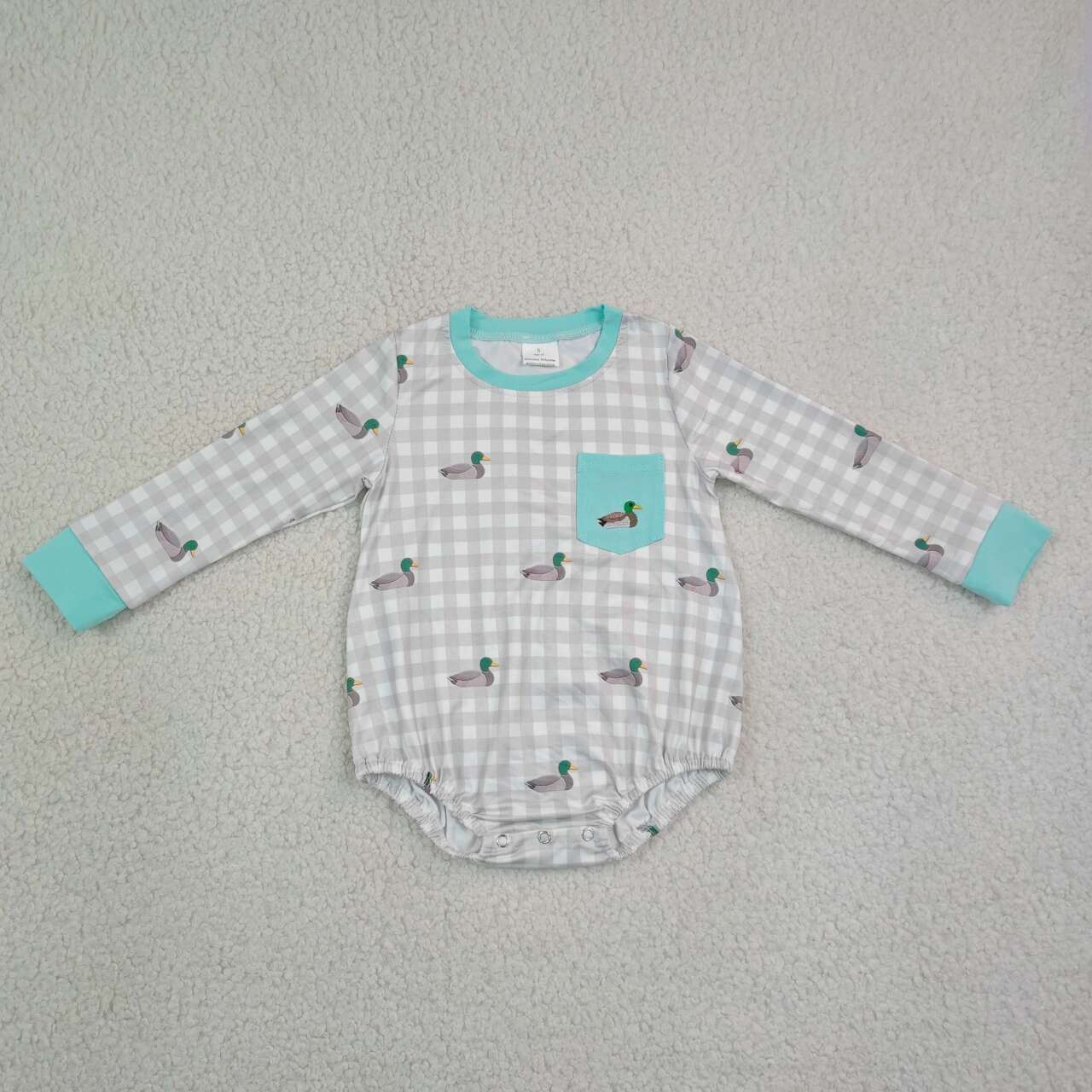 Toddle baby boy embroidery mallard duck grey plaid romper