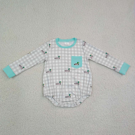 Toddle baby boy embroidery mallard duck grey plaid romper