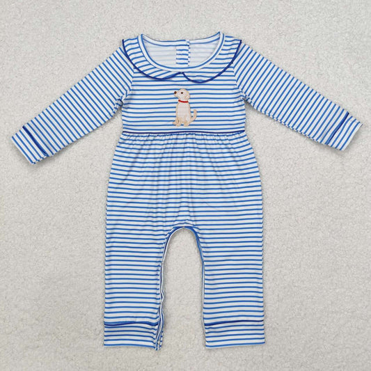 wholesalel toddle kids embroidery cute dog blue stripes romper