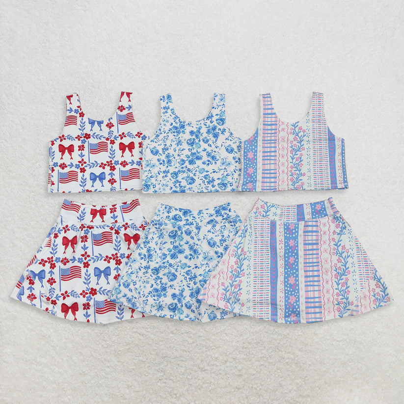 Toddle baby girls pink blue floral active wear athletic summer yoga skort set