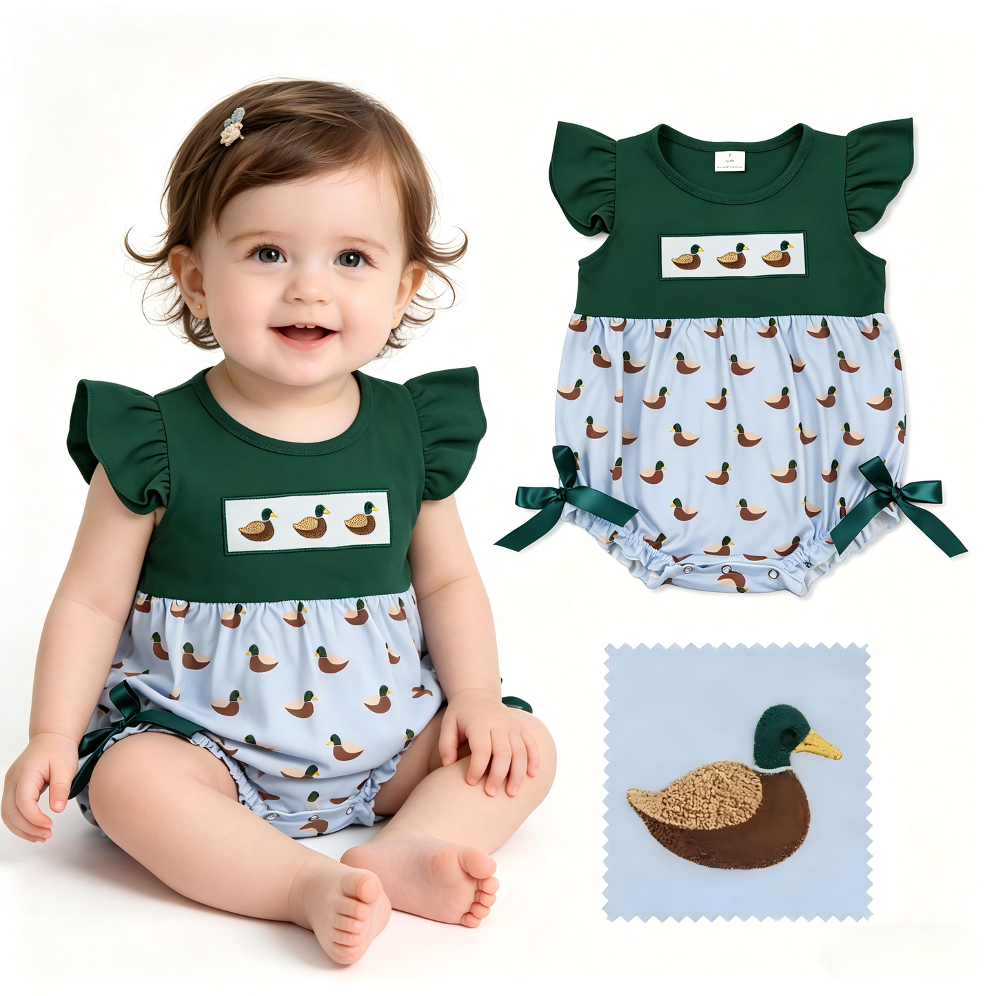 Toddle girl embroidery mallard duck print summer romper