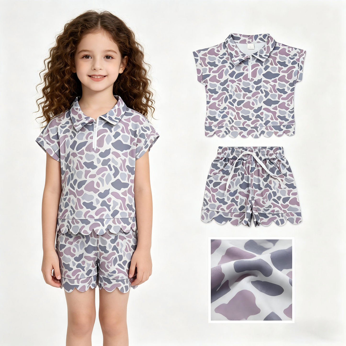Grey Camo short sleeve pullover top matching shorts girl summer outfit