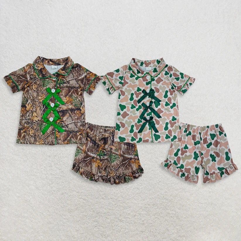 Green bow camo top matching shorts girls pajama set