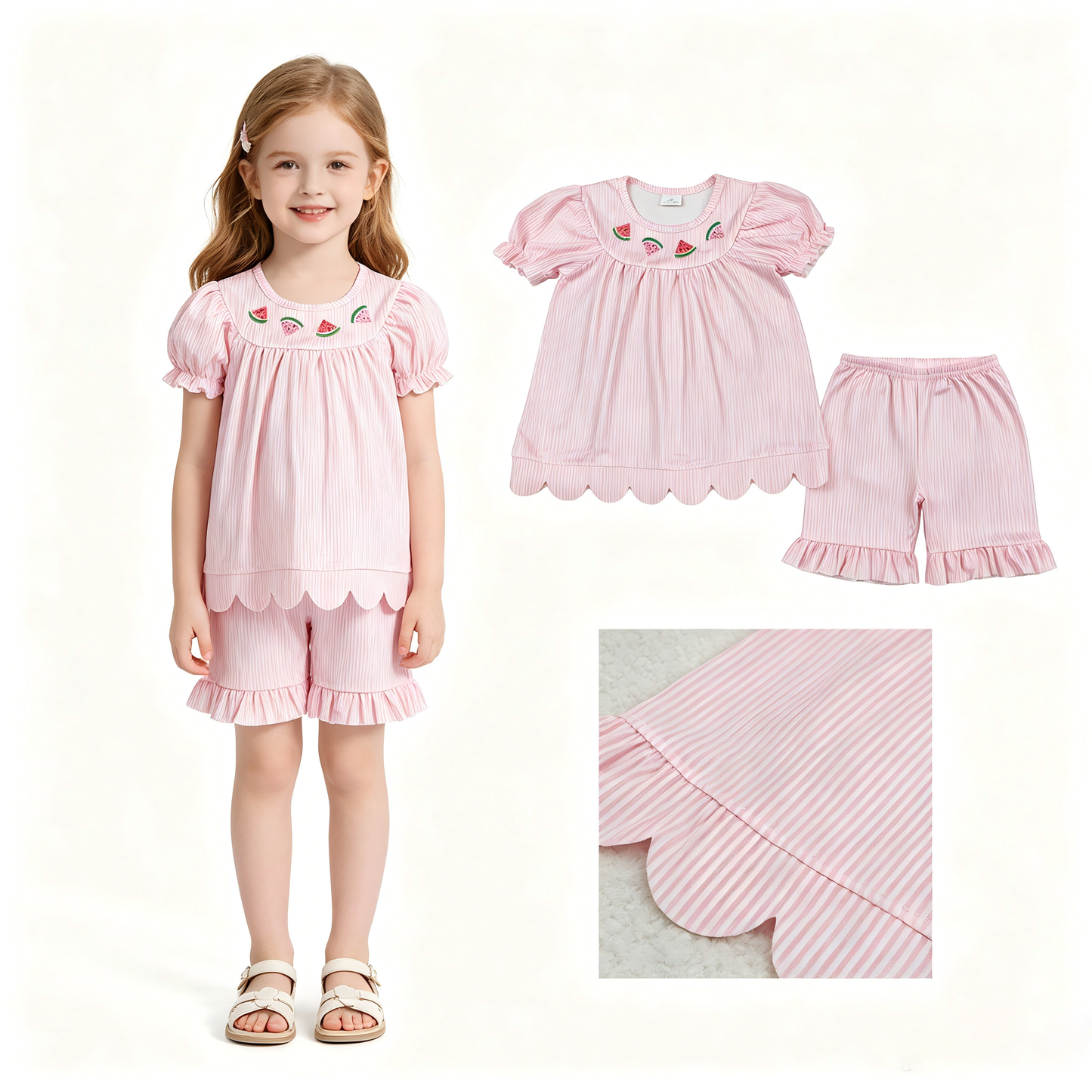 Embroidery Watermelon print toddle girls summer outfit