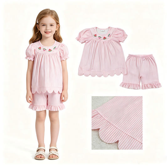 Embroidery Watermelon print toddle girls summer outfit