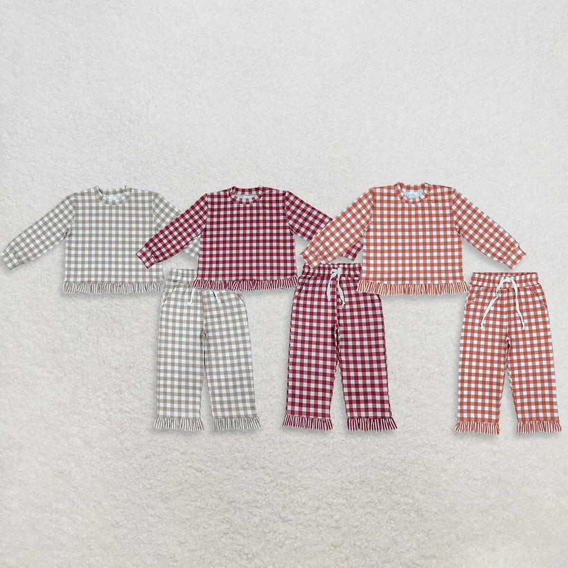 Orange plaid long sleeve top matching pants girls outfit