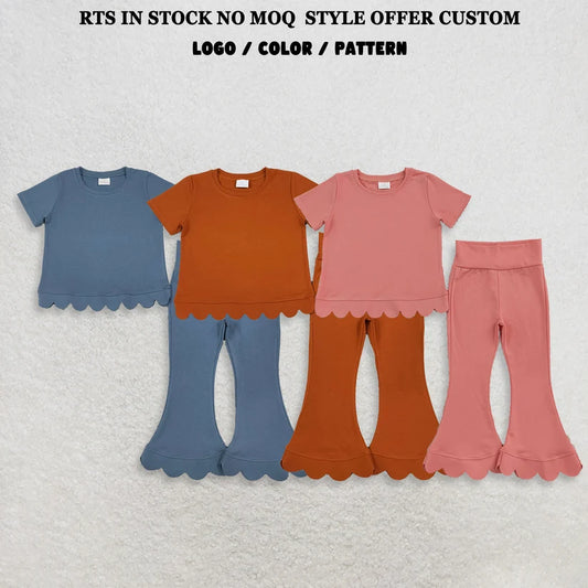 Girl dusty pink short sleeve scallop top matching pants wholesale outfit