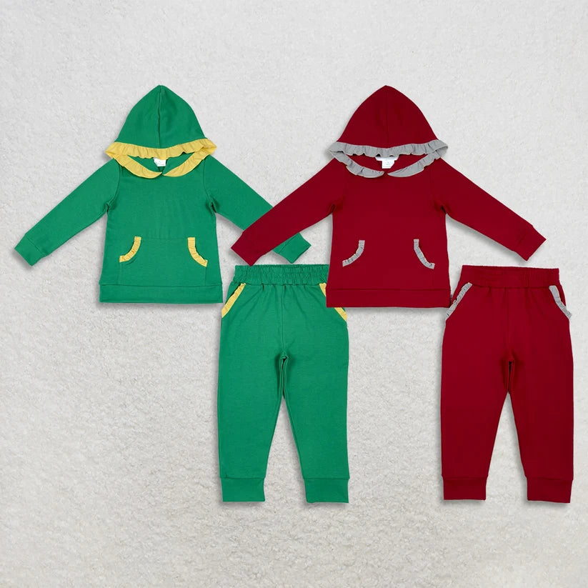 Long sleeve green hoodie top matching pants girls wholesale factory price outfit